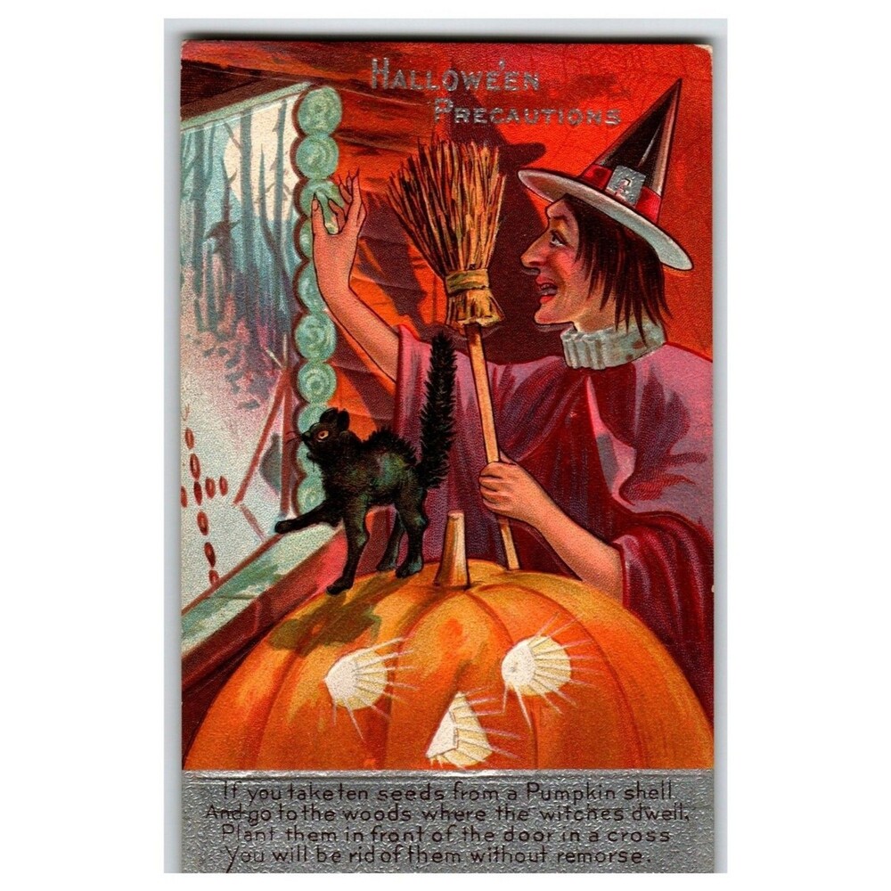 Antique Halloween Precautions Witch Black Cat Pumpkin Postcard New Haven 1910s